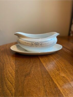 Sheffield Blue Whisper vintage gravy boat with attached under-plate 80s